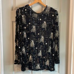 Megere Women's M Vintage 100% Silk Sequin Embellished Costume Dance Sheer Shirt